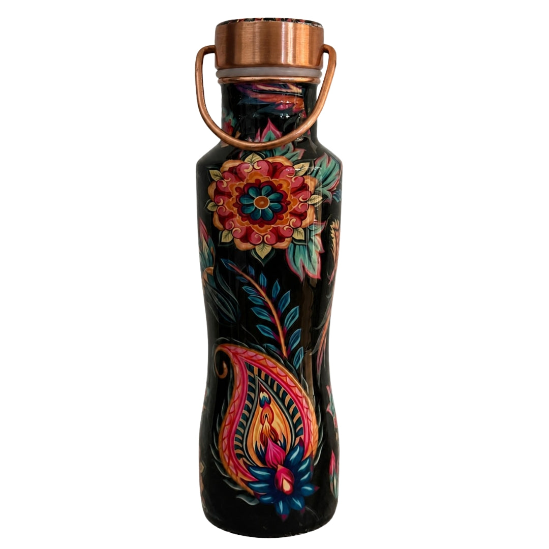 Copper water bottle with floral print, curved, with handle 750 ml