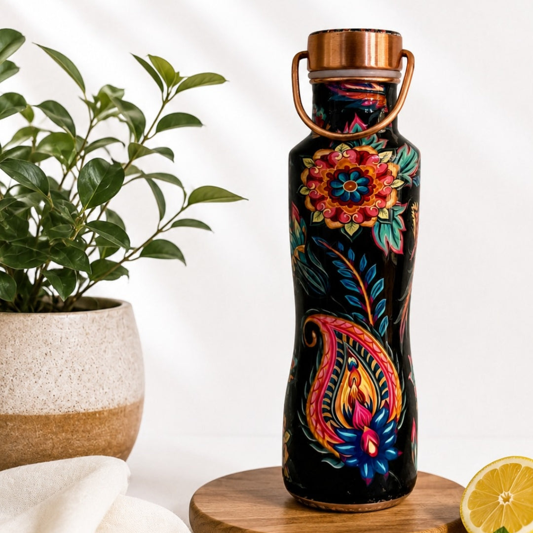 Copper water bottle with floral print, curved, with handle 750 ml