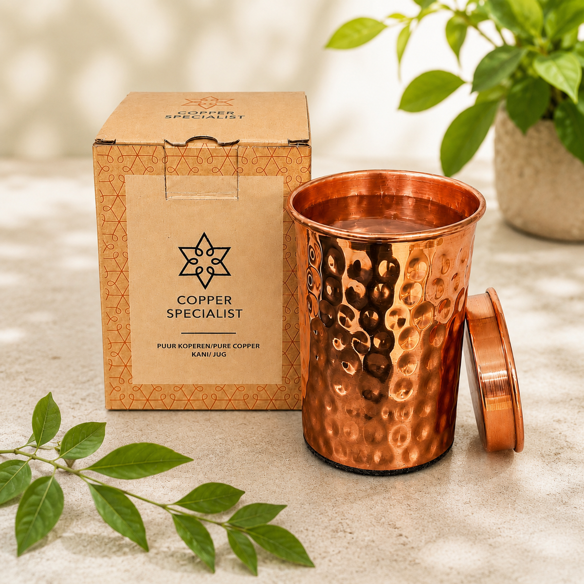 Copper cup with lid, hammered high gloss, 300 ml