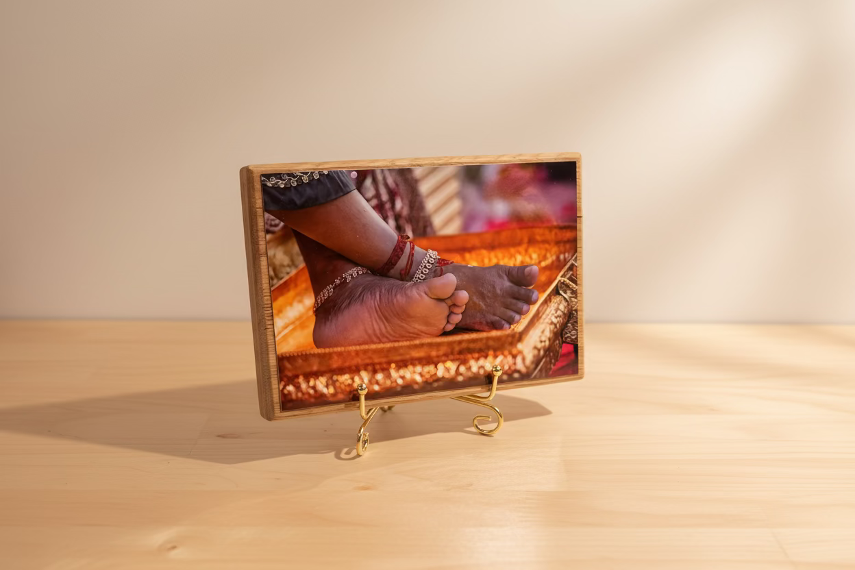 Sacred Wood Relic with Golden Stand