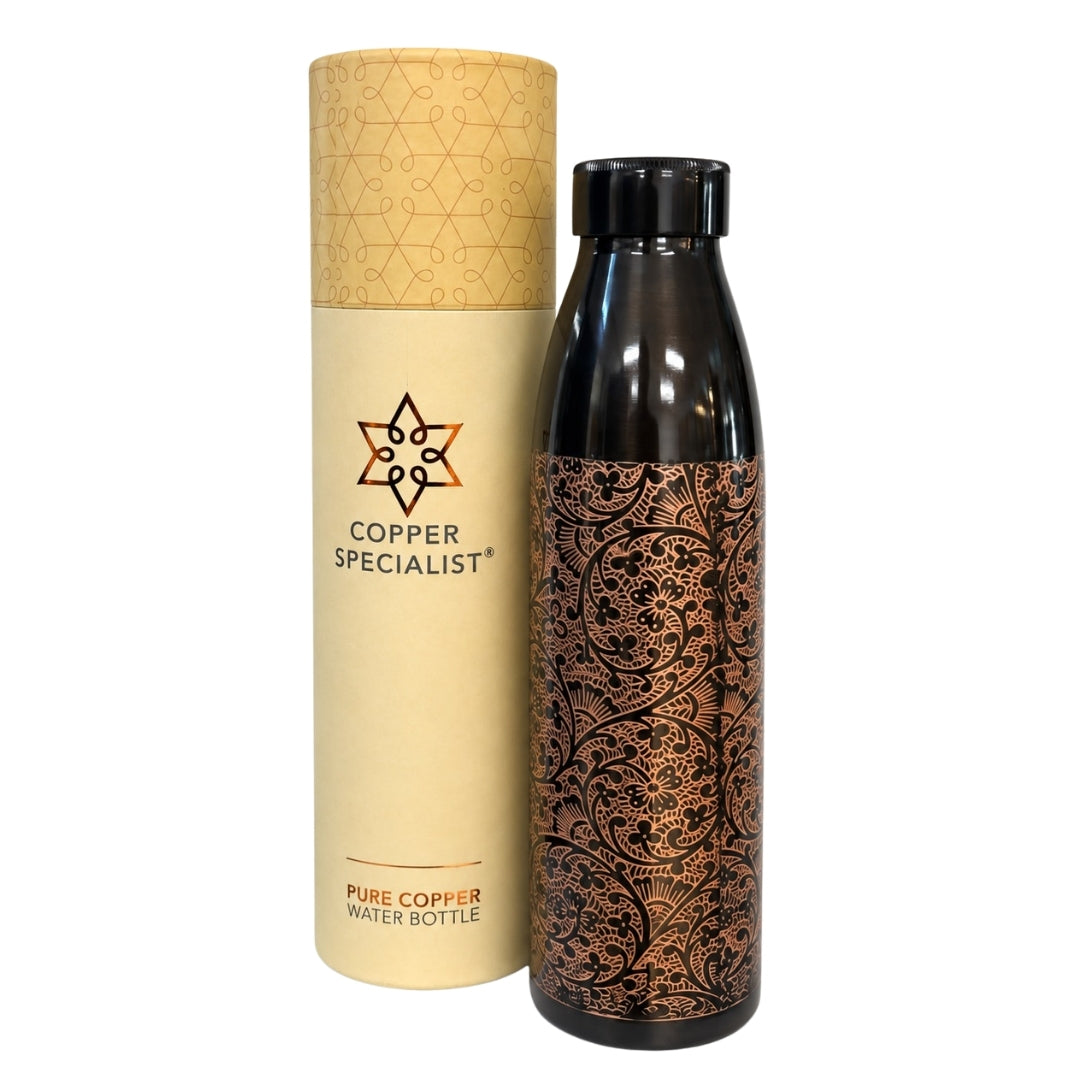Copper water bottle, antique black, with engraved pattern, 950 ml