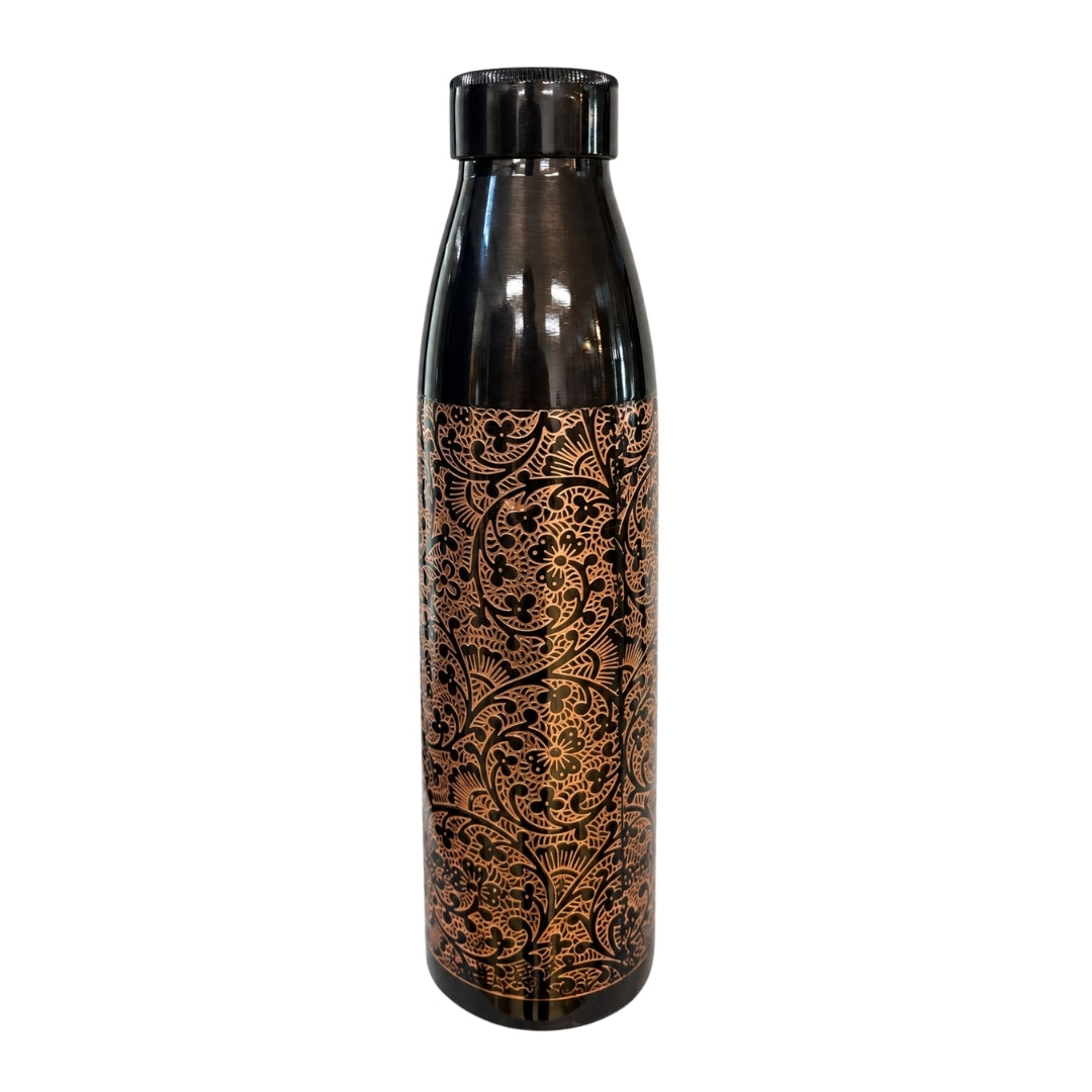 Copper water bottle, antique black, with engraved pattern, 950 ml