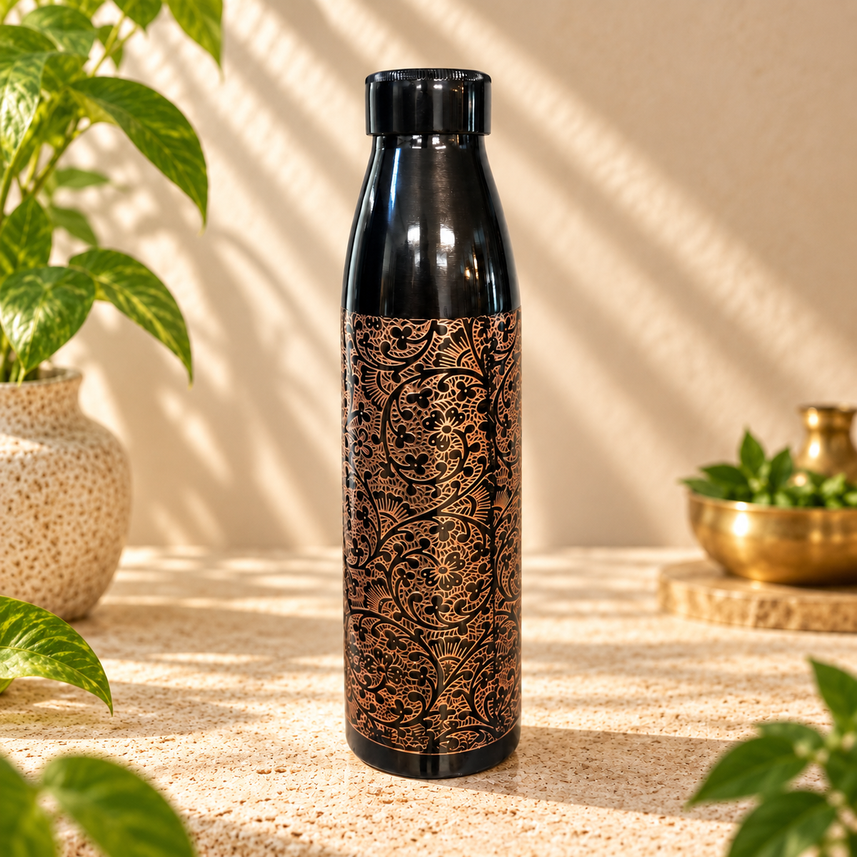 Copper water bottle, antique black, with engraved pattern, 950 ml