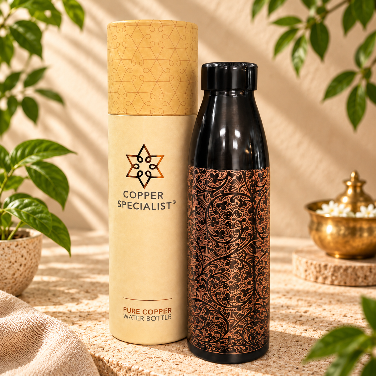 Copper water bottle, antique black, with engraved pattern, 950 ml