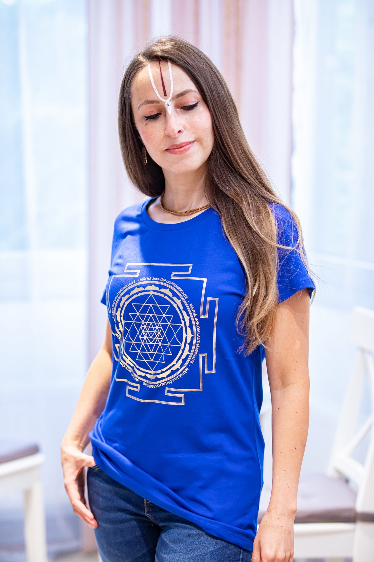 T-shirt 'Sri Yantra' - Royal Blue with Gold Foil Print