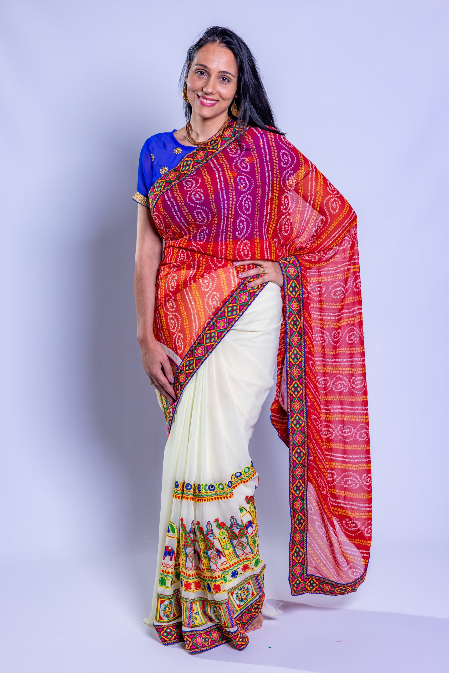 White & Red Chiffon Saree with Chunri Print