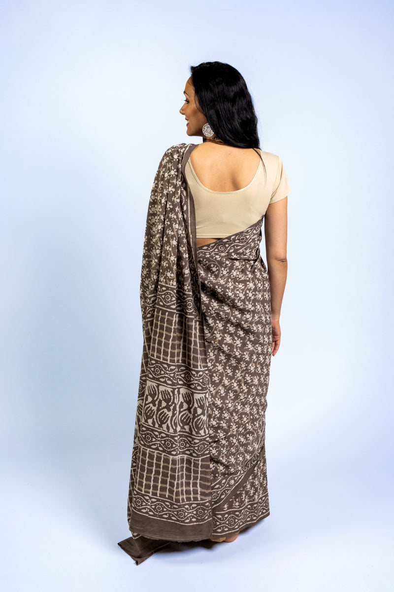 Brown Hand Block Bagru Printed Soft Malmal Cotton Saree | Weaver Saga